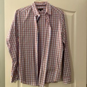 Medium DKNY light blue and orange checkered button down shirt.